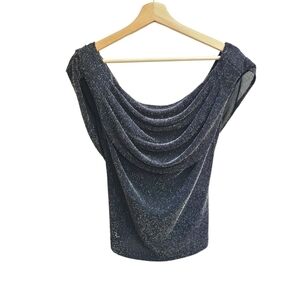 Xscape By Lawrence Kurtz Dramatic Scoop Neck Silver Metallic Top, Size Small